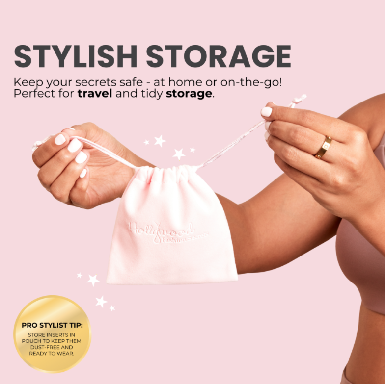 A person with manicured nails pulls the drawstrings of a pink Hollywood Fashion Secrets pouch designed for stylish travel storage of fashion inserts.