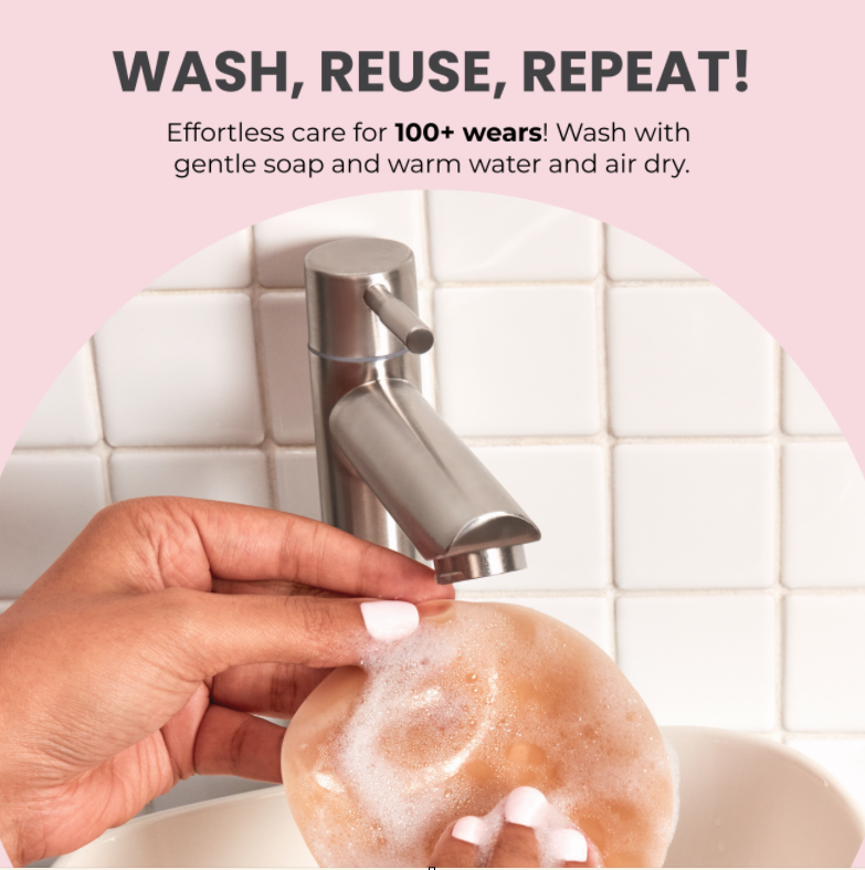 Hands wash a reusable silicone nipple cover with soapy water under a bathroom faucet to demonstrate easy care and maintenance.