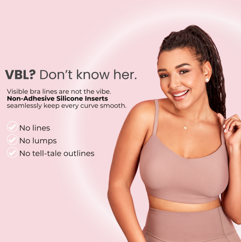 A smiling woman in a mauve sports bra showcases a smooth silhouette achieved with non-adhesive silicone bra inserts that eliminate visible bra lines.
