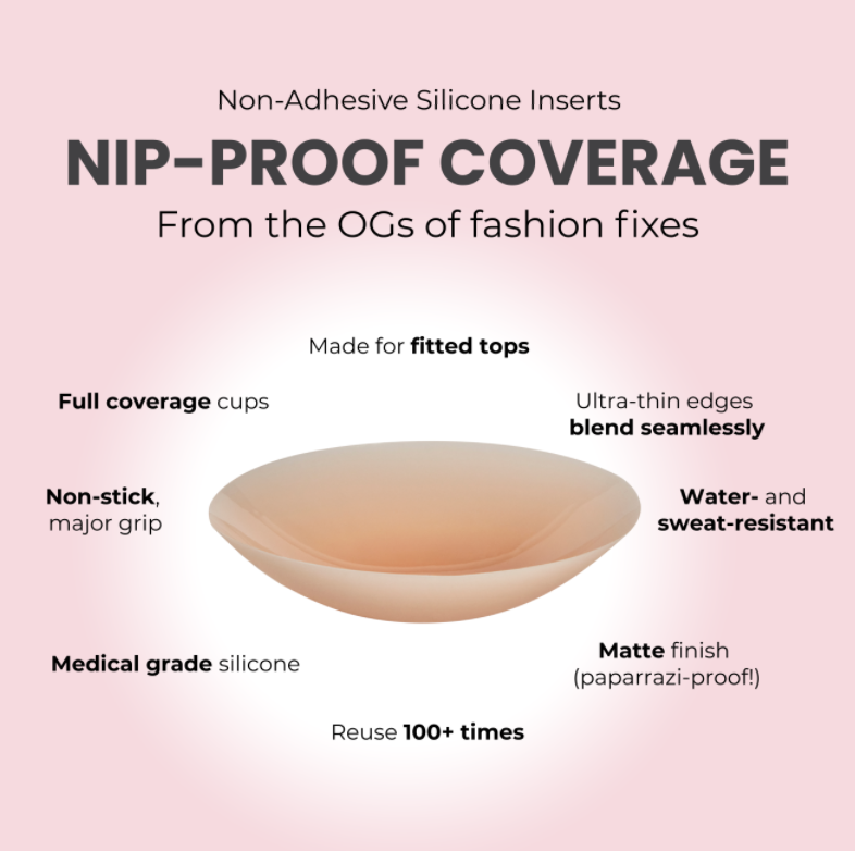 A reusable, non-adhesive silicone nipple cover provides seamless, matte coverage with ultra-thin edges for a smooth look under fitted tops.