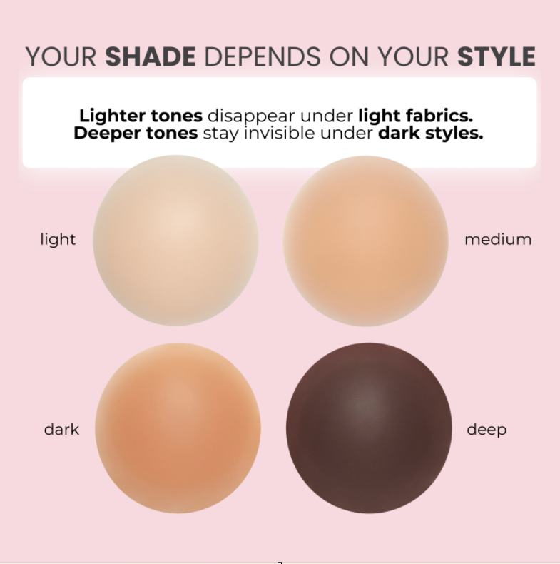 Four skin-toned nipple covers illustrate how to choose the right shade for invisible coverage under light and dark clothing.