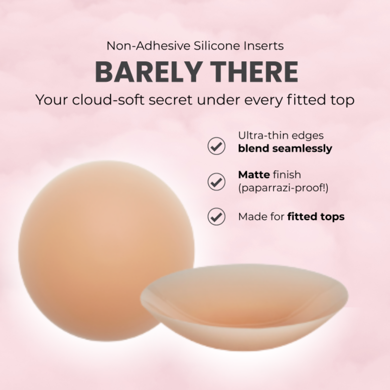 Barely There non-adhesive silicone nipple covers feature ultra-thin edges and a matte finish for seamless coverage under fitted tops.