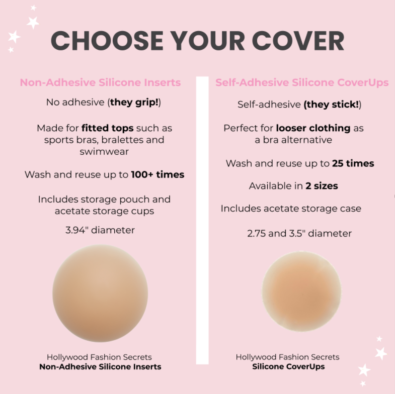 An informative comparison chart highlights the features of reusable non-adhesive silicone inserts for fitted tops and self-adhesive silicone nipple coverups for looser clothing from Hollywood Fashion Secrets.