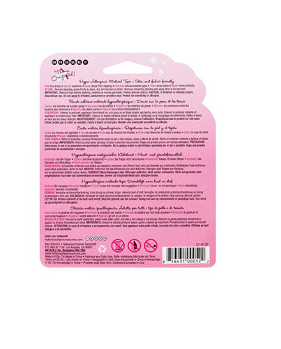 The back of a pink Hollywood Fashion Secrets package displays multi-lingual instructions and safety warnings for hypoallergenic fashion tape.