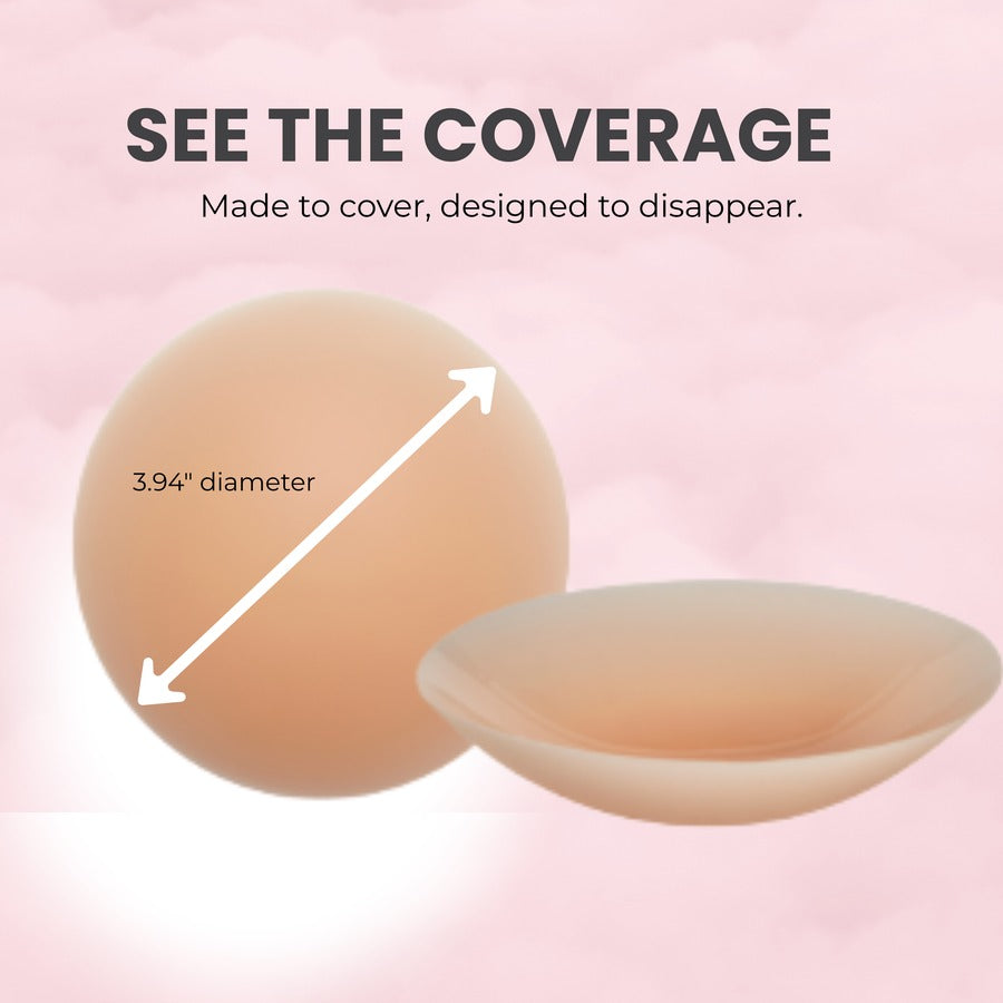 Aon-adhesive silicone inserts shown on a soft pink background with text reading 'SEE THE COVERAGE' and 'Made to cover, designed to disappear.' A white arrow labels the cup diameter as 3.