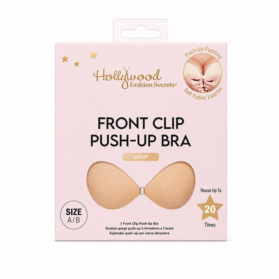 Front clip push-up bra in light color, front packaging.
