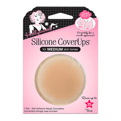Hollywood Silicone CoverUps for medium skin tones, containing a pair of self-adhesive nipple concealers in a pink retail blister pack.