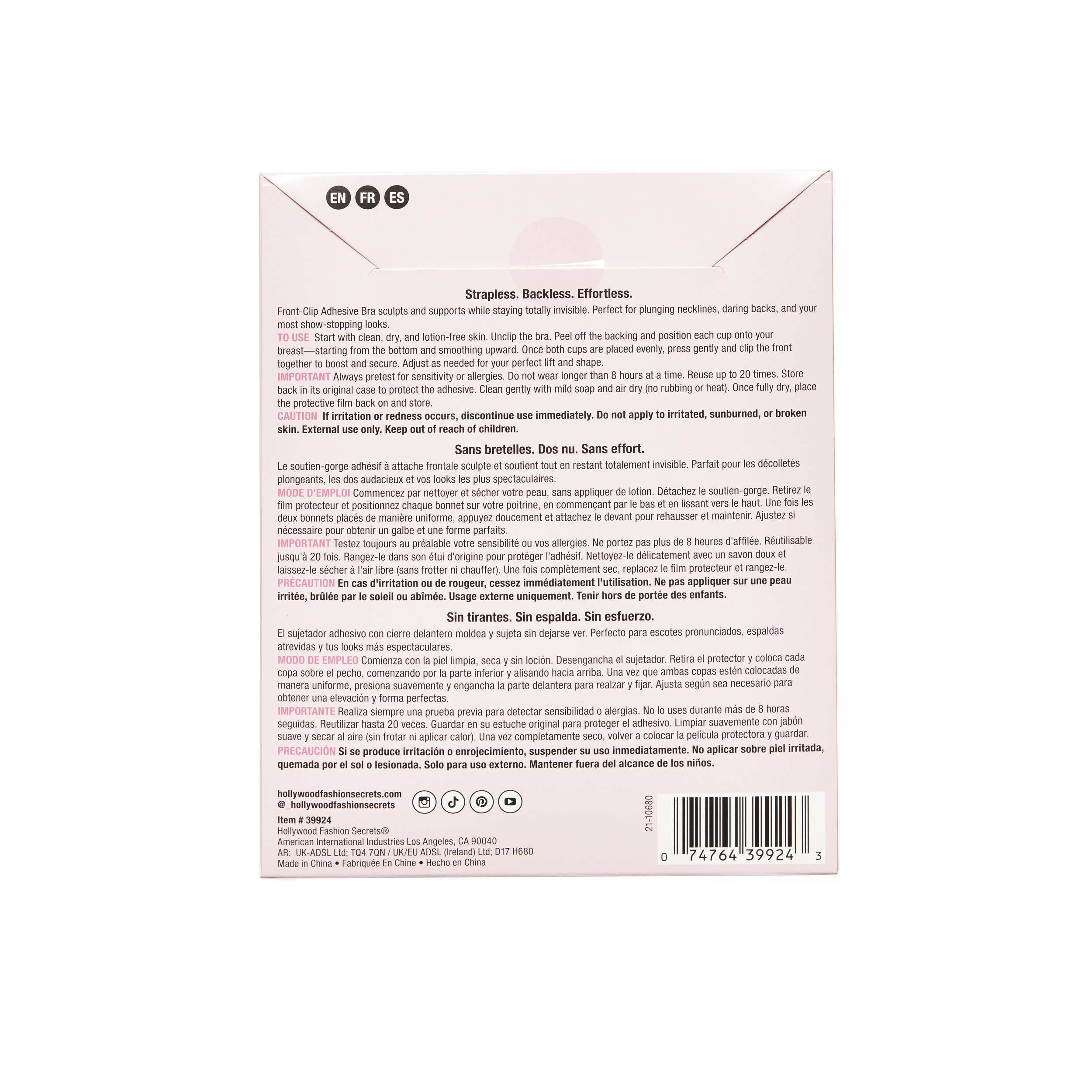 Hollywood Fashion Secrets adhesive bra packaging back with product instructions and details