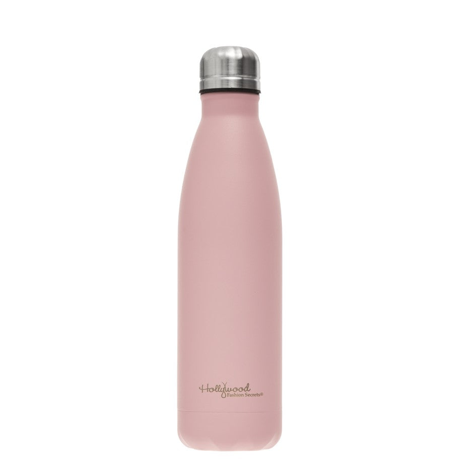Pink insulated bottle with silver cap on a white background
