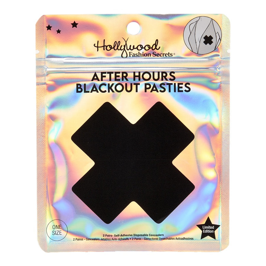 Holographic packaging of After Hours Blackout Pasties with 'Hollywood Fashion Secrets' branding.