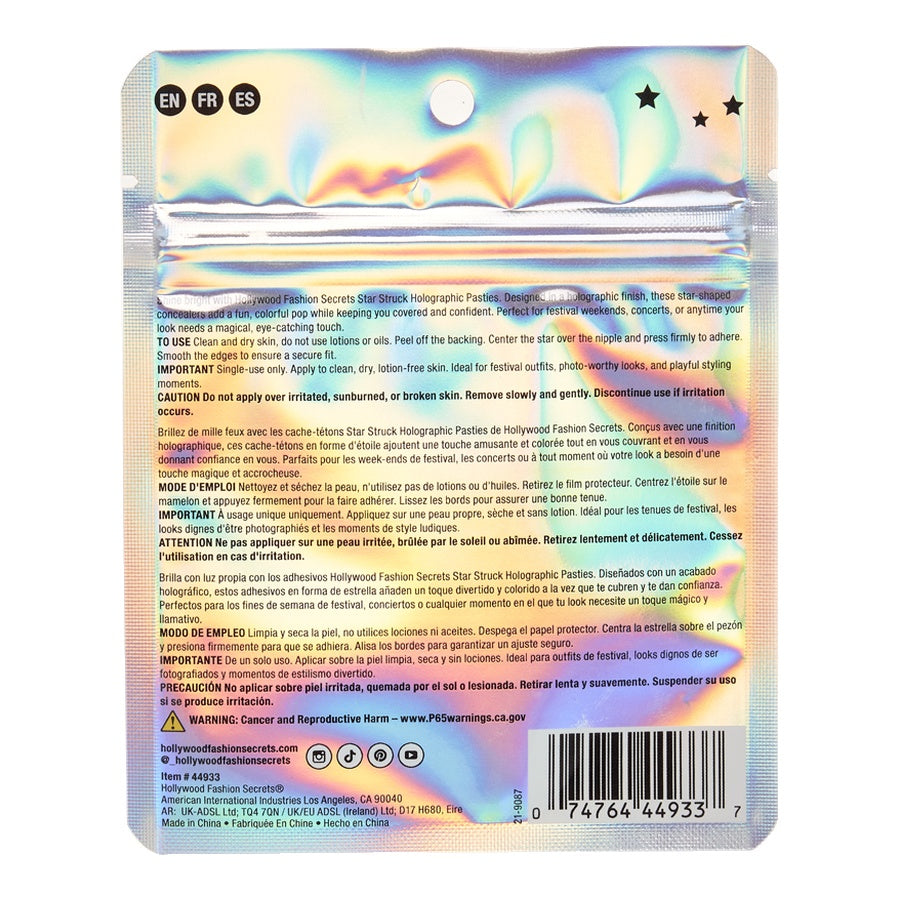 Holographic star decal packaging with text and barcodes on a white background