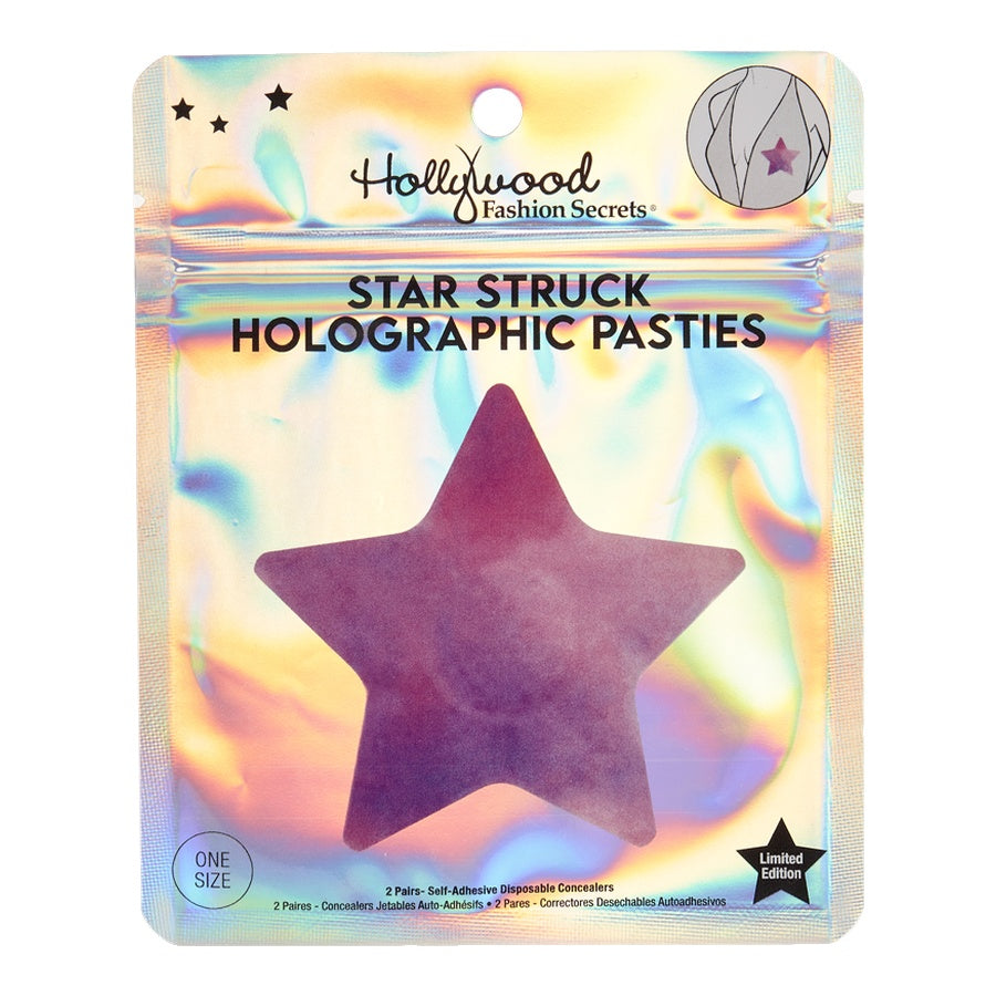 Holographic star-shaped pasties packaging with 'Hollywood Fashion Secrets' branding.