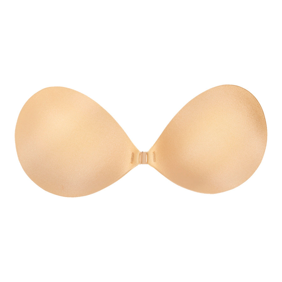 Backless and strapless adhesive bra with front clip closure.