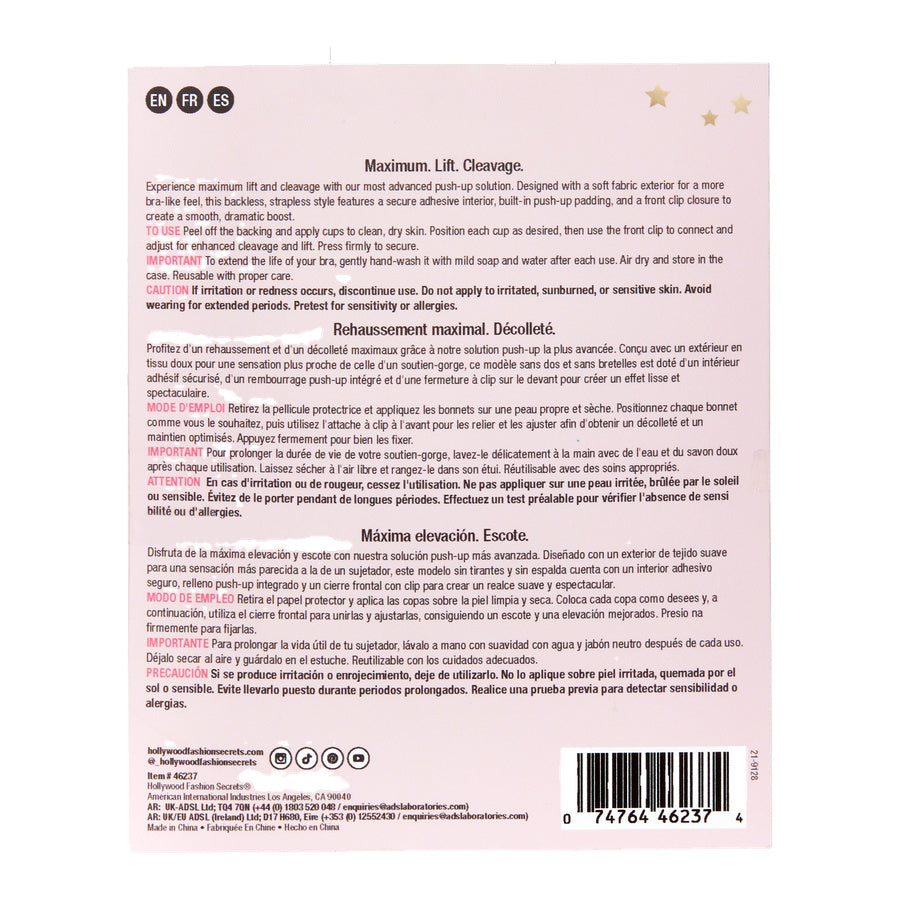 Back view backless and strapless adhesive bra packaging with product details and instructions.