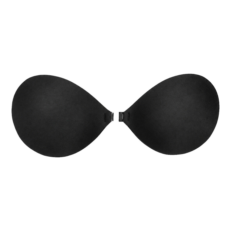 Backless and strapless adhesive bra in black with front clip closure.