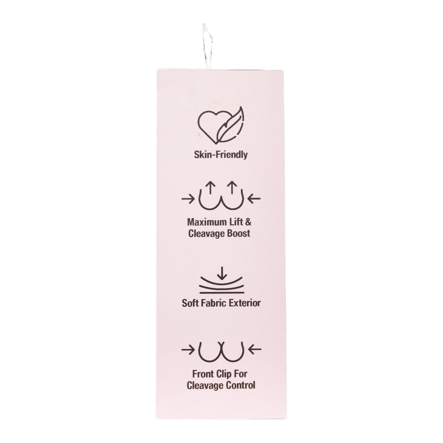 Side view of Hollywood Fashion Secrets front clip push-up bra packaging highlighting skin-friendly wear, maximum lift, soft fabric, and cleavage control.