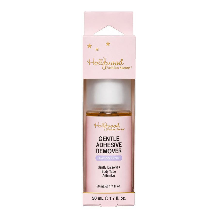 Hollywood Fashion Secrets Gentle Adhesive Remover in Lavender Crème, shown in front-facing pink packaging.