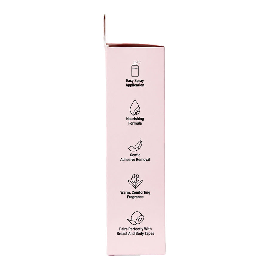 Side view of Hollywood Fashion Secrets Gentle Adhesive Remover packaging highlighting easy spray application, nourishing formula, and gentle adhesive removal.