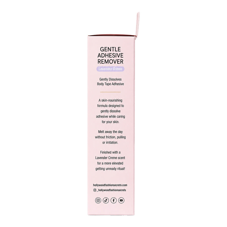 Side view of Hollywood Fashion Secrets Gentle Adhesive Remover packaging with Lavender Crème product details.