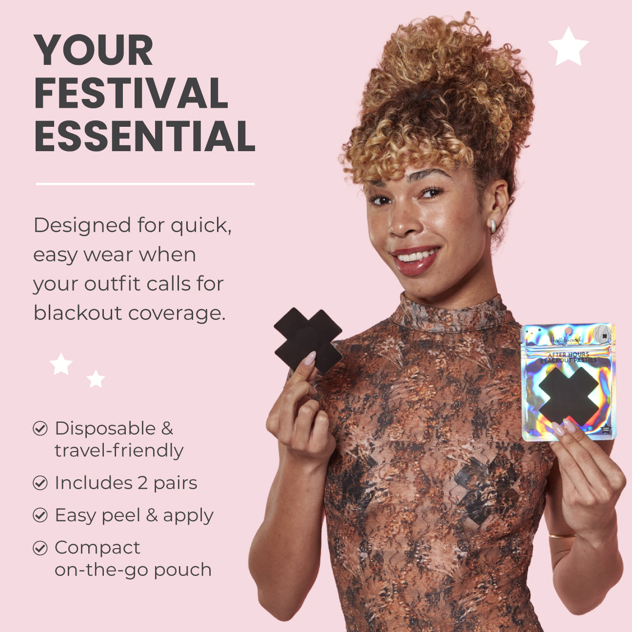 Woman holding blackout patches with product packaging on a pink background