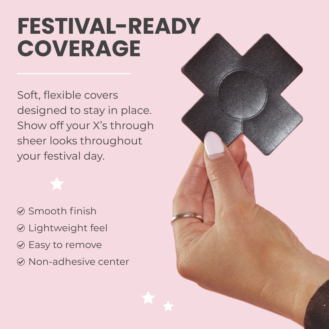 Black X-shaped cover held by a hand with text about festival-ready coverage on a pink background