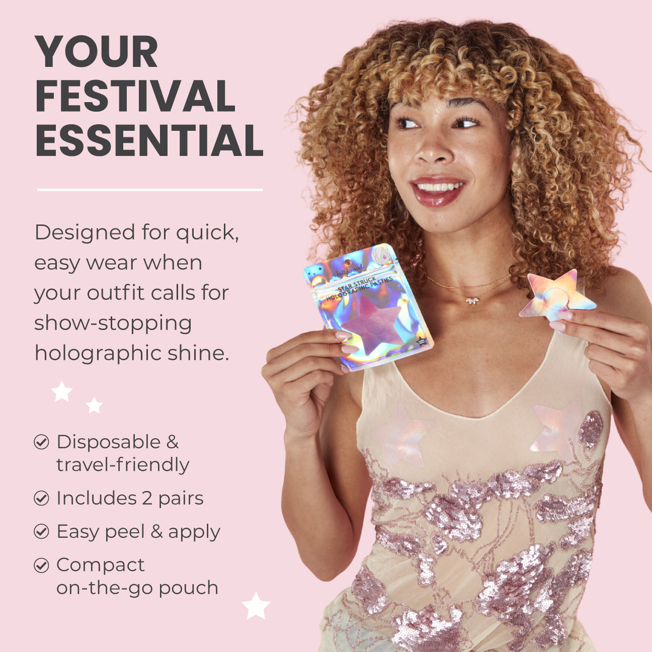 Woman holding holographic stickers with product features on a pink background