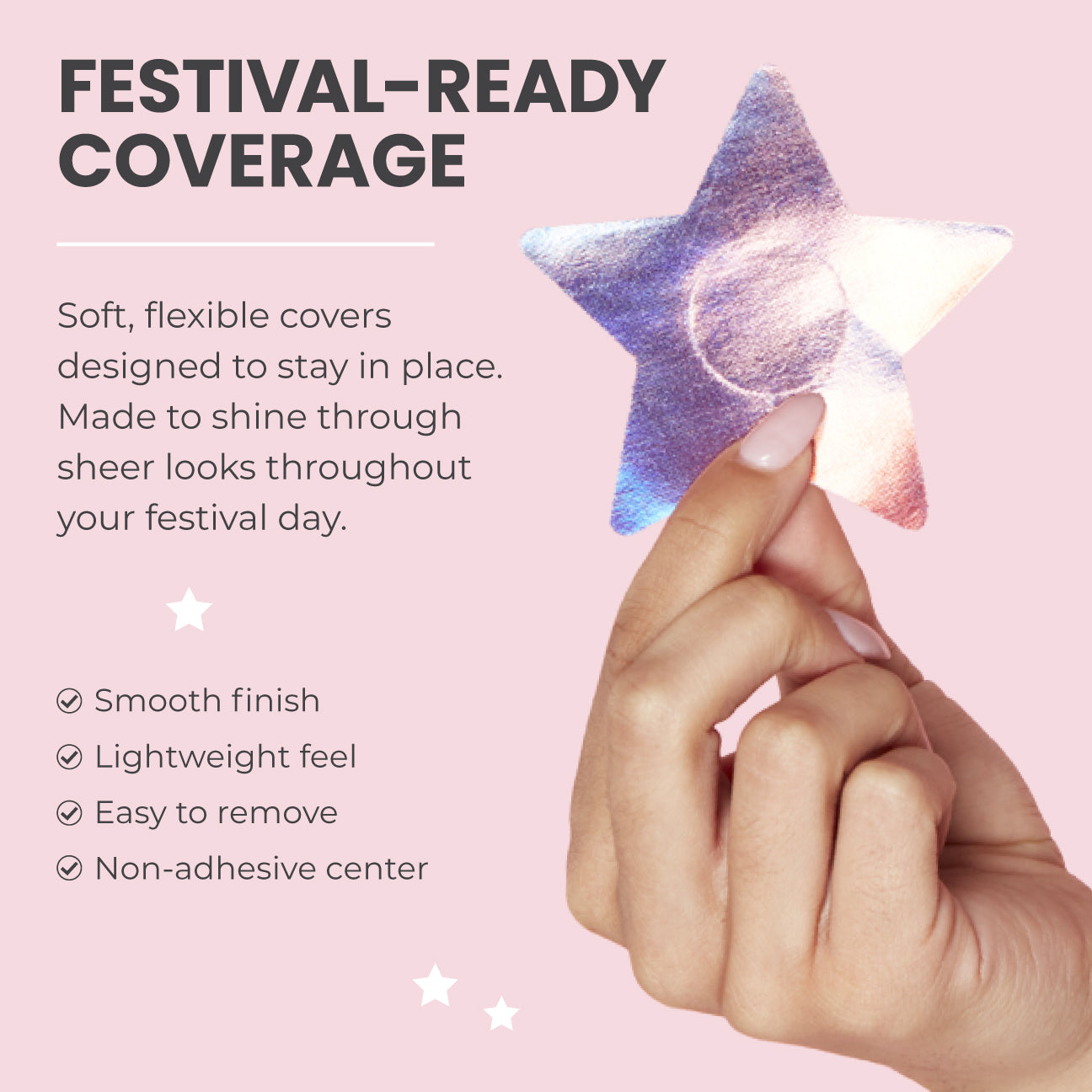 Star-shaped product held by a hand with promotional text on a pink background