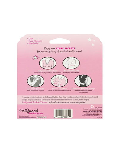 The pink back of a Hollywood Fashion Secrets package illustrates five essential wardrobe solutions, including fashion tape and silicone coverups, to prevent common fashion malfunctions.