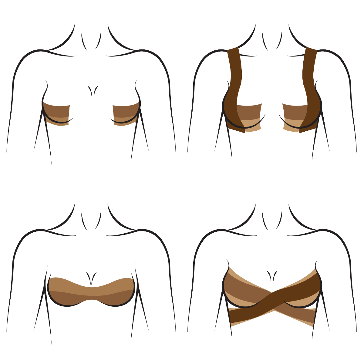 Four diagrams illustrate different boob tape application techniques for achieving various levels of breast lift and support.