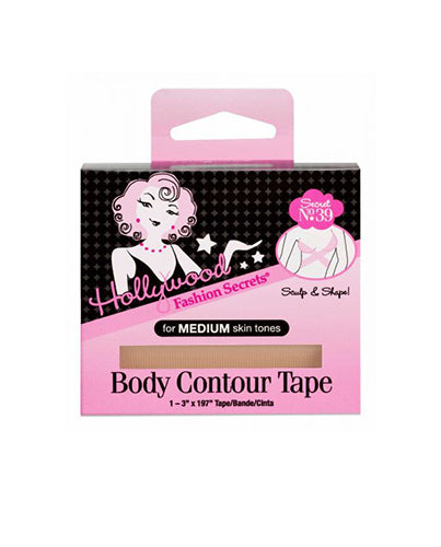 A pink and black box showcases Hollywood Fashion Secrets Body Contour Tape designed for medium skin tones.
