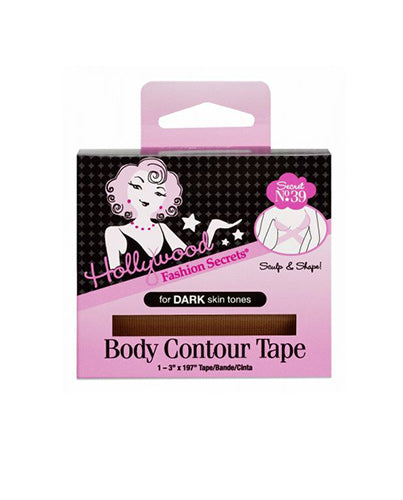 Hollywood Fashion Secrets Body Contour Tape for dark skin tones features a dark brown adhesive strip visible through its pink and black packaging.