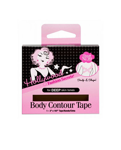 Hollywood Fashion Secrets Body Contour Tape for deep skin tones comes in a pink and black retro-style box designed for sculpting and shaping.