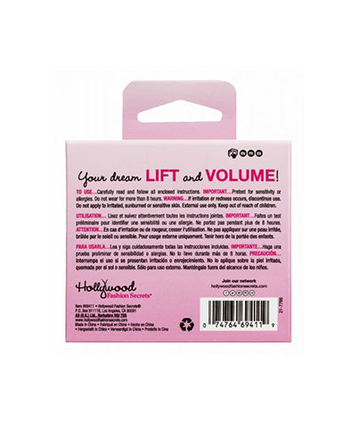 The back of a light pink Hollywood Fashion Secrets product box displays usage instructions and the slogan "Your dream LIFT and VOLUME!"