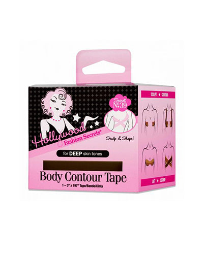 A box of Hollywood Fashion Secrets Body Contour Tape for deep skin tones displays diagrams on how to lift, sculpt, and shape.