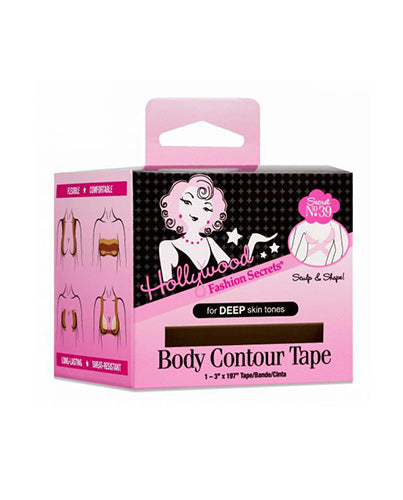 A pink and black box of Hollywood Fashion Secrets Body Contour Tape for deep skin tones features application diagrams for lifting and shaping.
