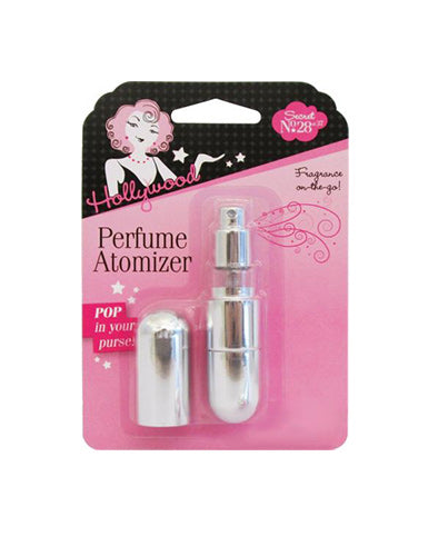 A sleek silver refillable Hollywood perfume atomizer sits inside its vintage-inspired pink and black retail packaging.