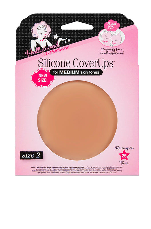 Hollywood Fashion Secrets Silicone CoverUps for medium skin tones in size 2 offer reusable, self-adhesive nipple concealment inside their pink and black packaging.