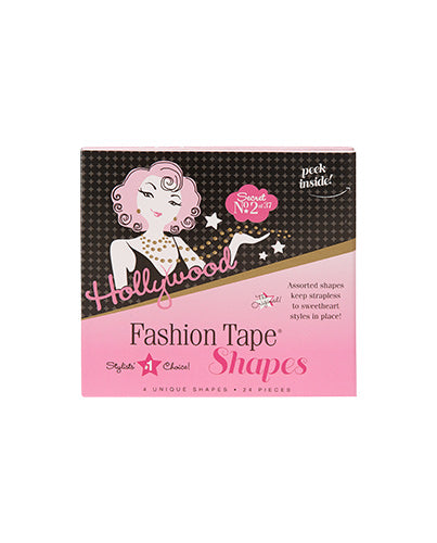 A pink and black Hollywood Fashion Tape Shapes box features a retro-style illustration and provides 24 assorted clothing adhesive pieces to secure strapless and sweetheart necklines.