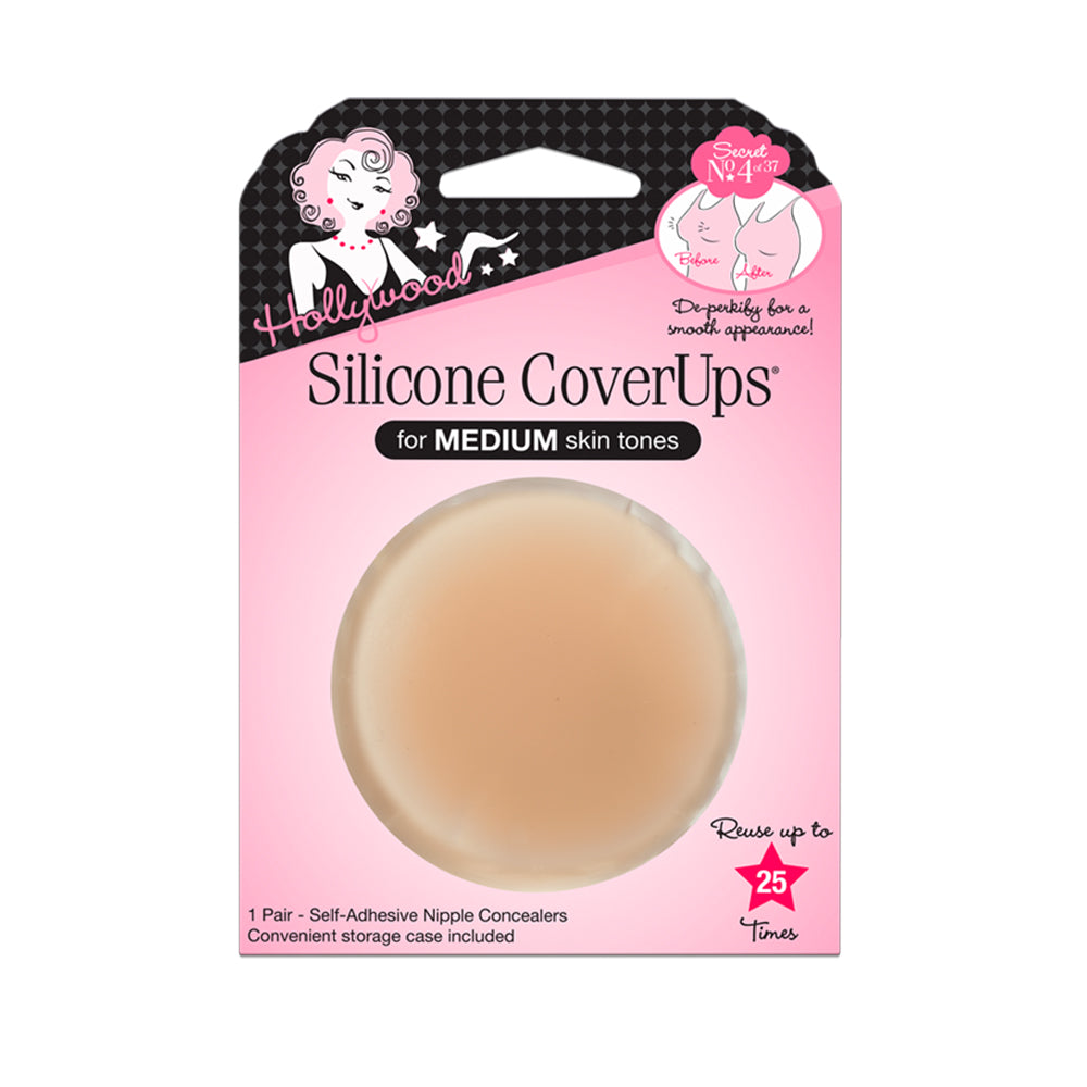 Reusable Hollywood Silicone CoverUps for medium skin tones provide self-adhesive nipple concealment for a smooth, seamless appearance under clothing.