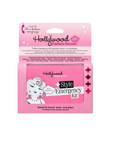 A pink Hollywood Fashion Secrets Style Emergency Kit displays its compact travel tin containing fourteen essential tools for on-the-go wardrobe fixes.