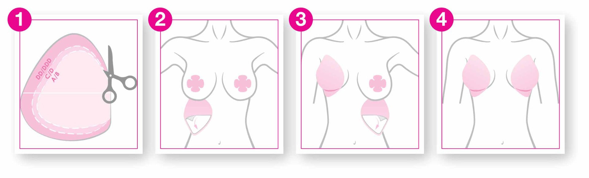 A four-step instructional diagram shows how to trim and apply pink adhesive breast lift tape over nipple covers for a supportive, bra-free look.