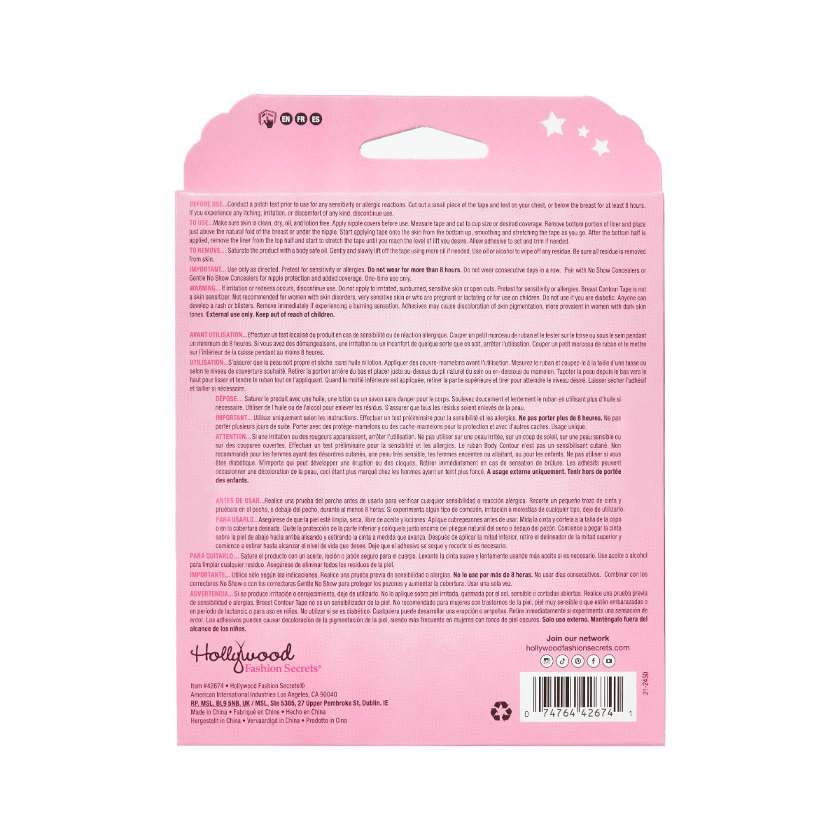 Detailed trilingual instructions and safety warnings cover the bright pink back panel of a Hollywood Fashion Secrets Breast Contour Tape box.