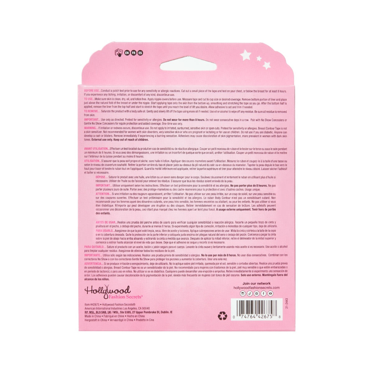 The back of a Hollywood Fashion Secrets breast contour tape package displays detailed application and safety instructions in English, French, and Spanish.