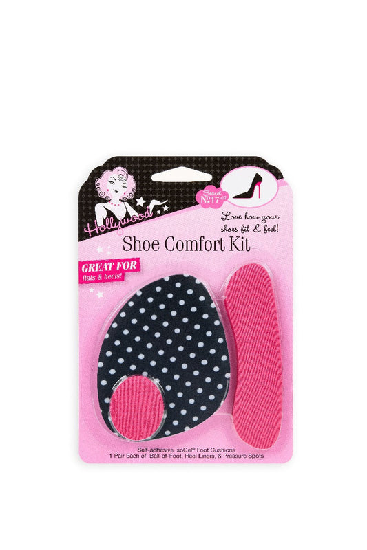 A Hollywood Fashion Secrets Shoe Comfort Kit features a variety of pink and polka-dot self-adhesive IsoGel foot cushions, including ball-of-foot pads and heel liners for flats and high heels.