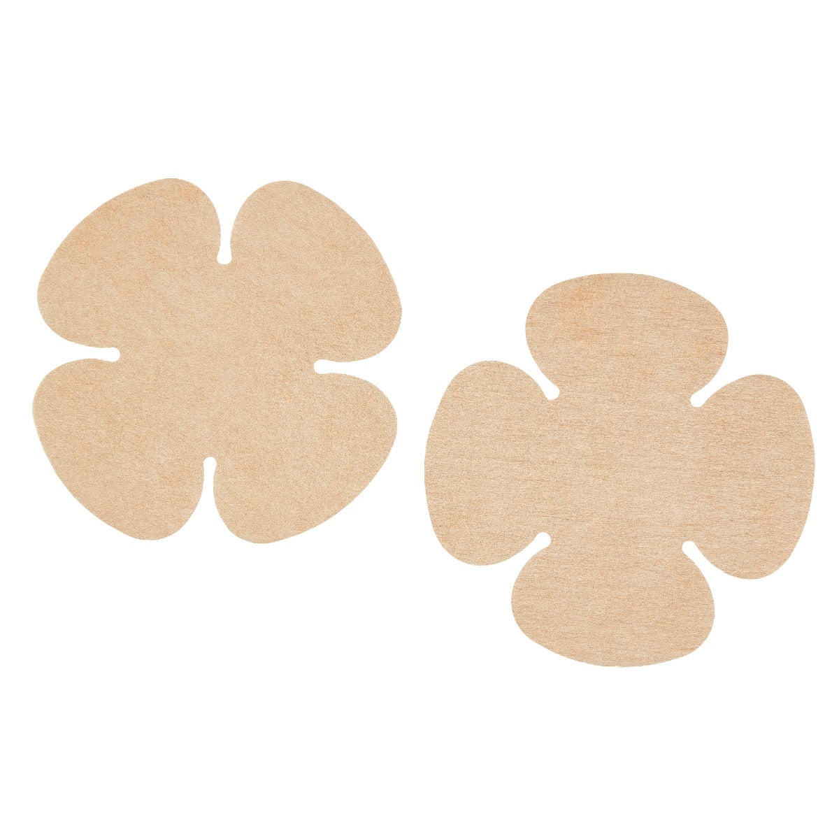 A pair of flower-shaped beige adhesive nipple covers provides smooth and discreet coverage.