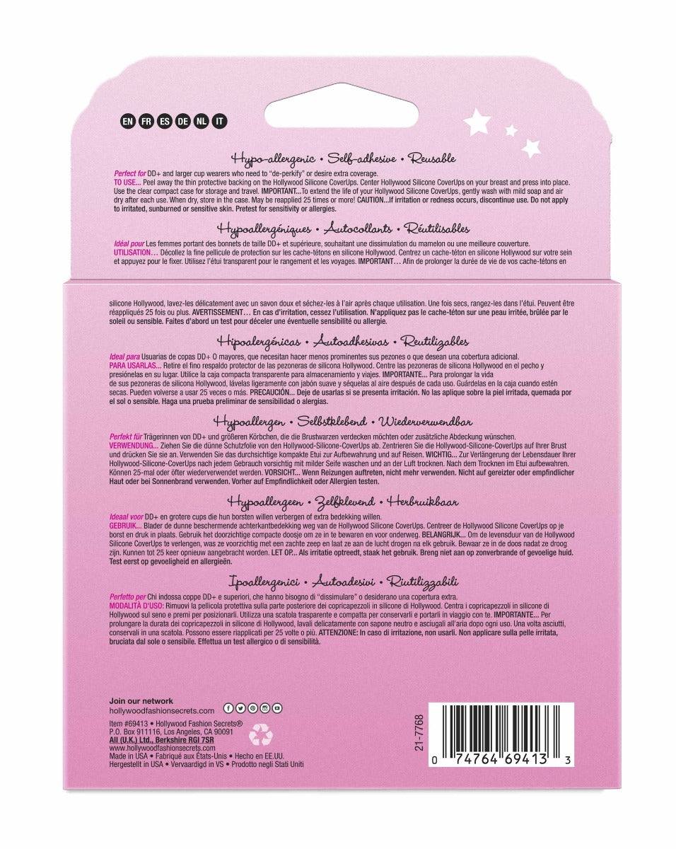 The back of a pink Hollywood Silicone CoverUps package displays product features and instructions in multiple languages, highlighting its hypoallergenic, self-adhesive, and reusable qualities.