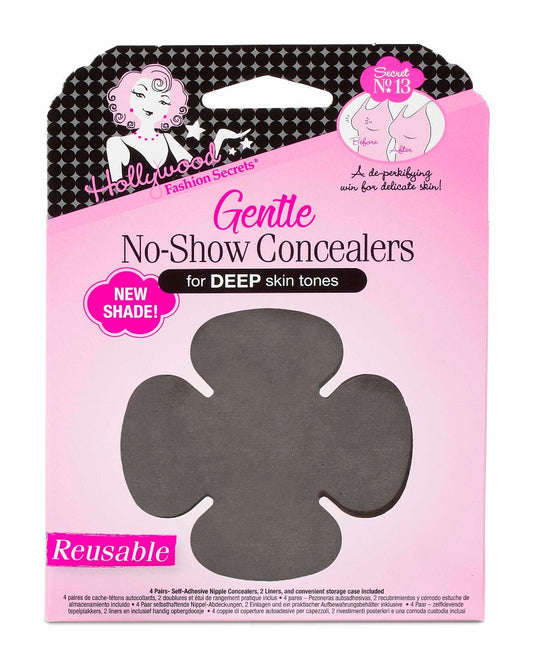 A package of Hollywood Fashion Secrets Gentle No-Show Concealers for deep skin tones features a dark brown, flower-shaped reusable nipple cover.