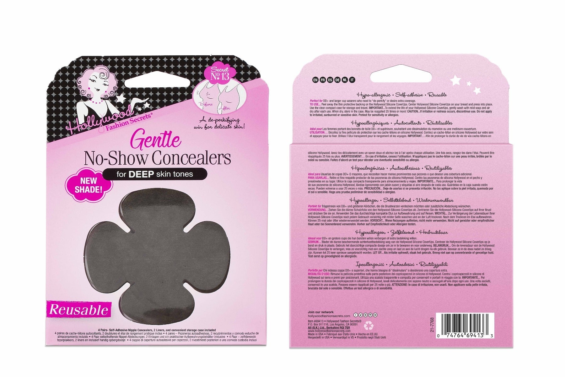A pink and black retail package for Hollywood Fashion Secrets Gentle No-Show Concealers features dark-brown flower-shaped reusable nipple covers designed specifically for deep skin tones.