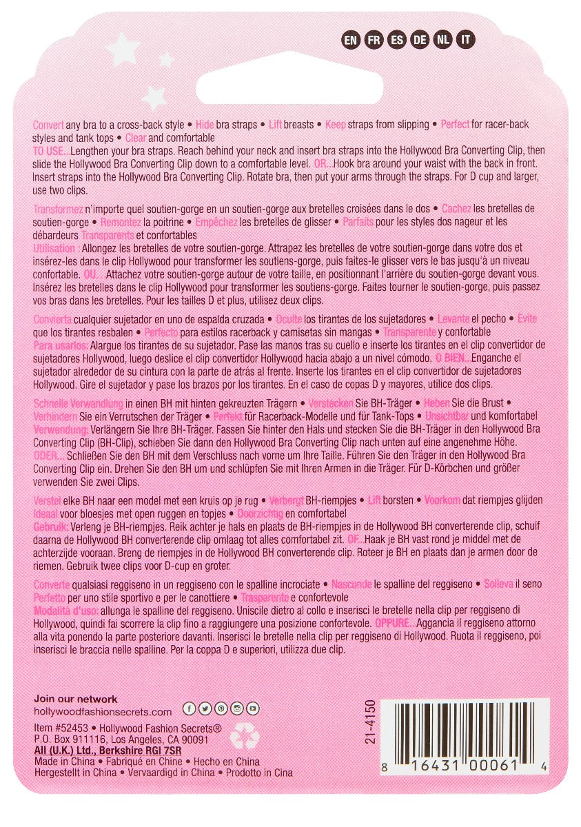 The back of a Hollywood Bra Converting Clip package features detailed instructions in six languages for transforming any bra into a racer-back style.