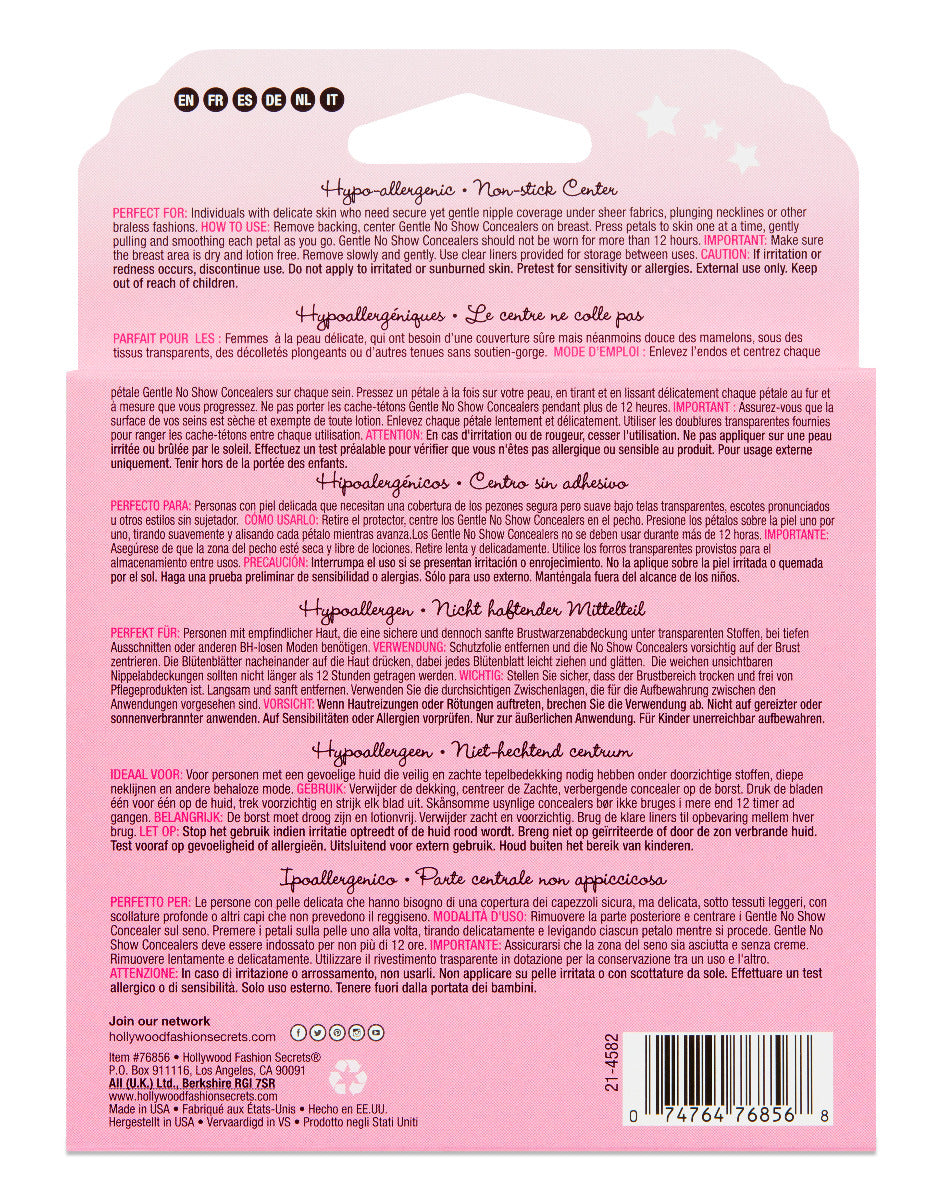 The back of a pink Hollywood Fashion Secrets Gentle No Show Concealers package displays detailed product information and usage instructions in six different languages.